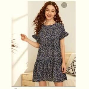 Joteisy Navy Floral Tiered BabyDoll Dress Size M